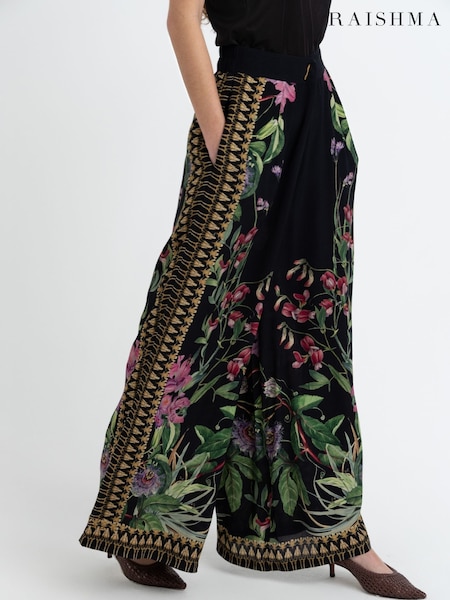 Raishma Black Siara Floral Print Wide Leg Trousers (W68433) | kr1 963