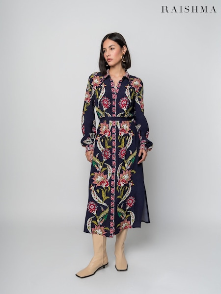 Raishma Blue Remy Floral Print Embroidered Midi Dress (W68434) | €250