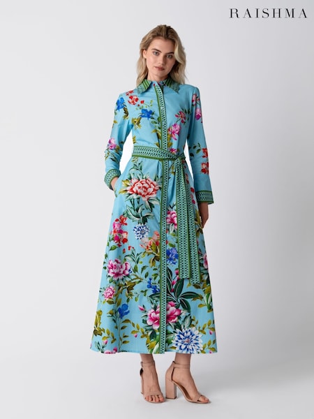 Raishma Blue Olea Tie Waist Floral Print Midi Dress (W68435) | €236