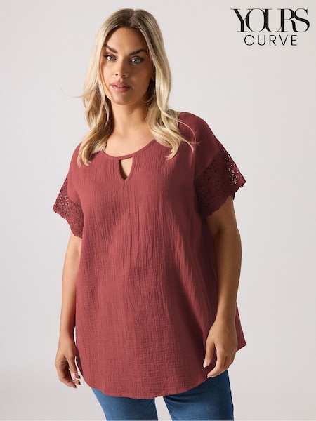 Yours Curve Orange Cheesecloth Crochet Keyhole Top (W68447) | €35