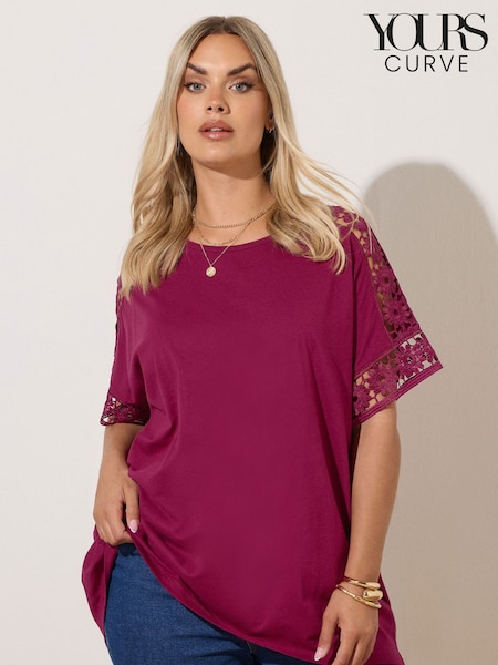 Yours Curve Pink Boxy Crochet Insert T-Shirt (W68449) | €25