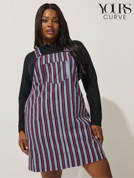 Yours Curve Blue Limited Stripe Denim Pinafore Dress (W68452) | R$ 365