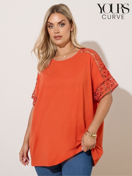 Yours Curve Orange Boxy Crochet Insert T-Shirt (W68470) | €25