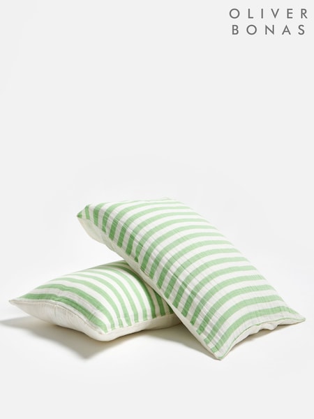 Oliver Bonas Set of 2 Green Stripe Muslin Pillowcases (W68556) | €27