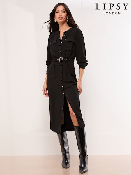 Lipsy Black Grandad Collar Belted Midi Button Through Shirt Dress (W68787) | €78