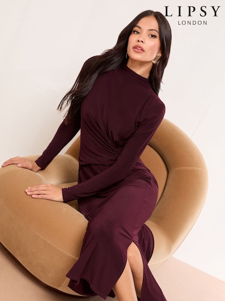Lipsy Burgundy Red Petite Long Sleeve Jersey Knot side Midi Dress (W68797) | €64