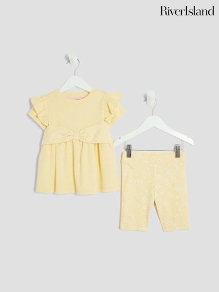 River Island Yellow Girls Daisy Bow Rib Top Set (W69062) | €20