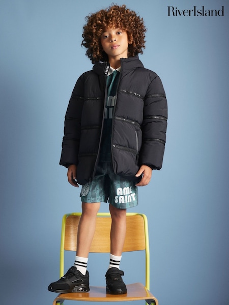 River Island Black Boys Taped Puffer Jacket (W69067) | R$ 385