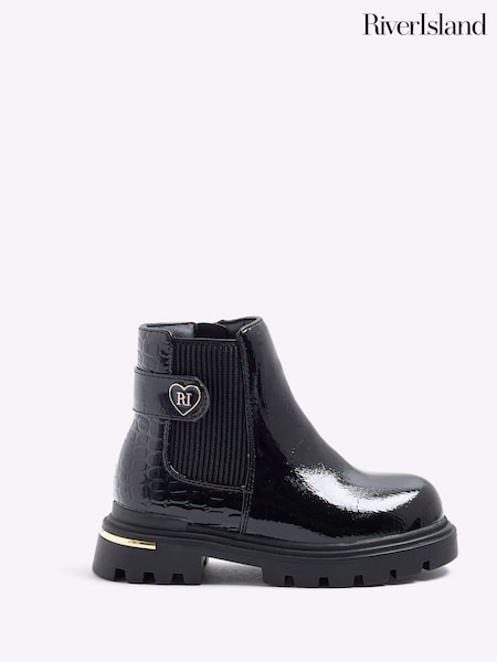 River Island Black Girls Patent Heart Print Strap Chelsea Boots (W69092) | €35