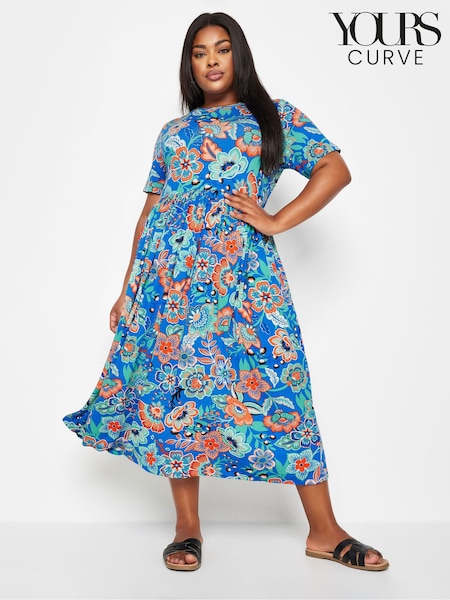Yours Curve Blue Floral Print Midi Smock Dress (W69115) | €48