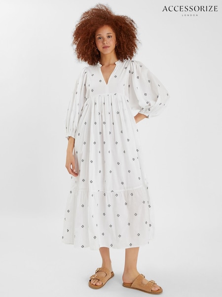 Accessorize White Embroidered Long Sleeve Maxi Dress (W69200) | €77