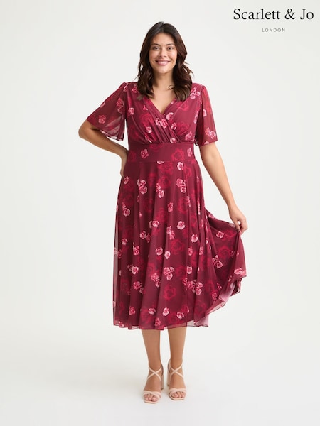 Scarlett & Jo Red Victoria Wine Rose Angel Sleeve Mesh Long Midi Dress (W69209) | R$ 840