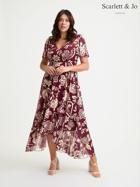 Scarlett & Jo Red Tilly Wine Print Angel Sleeve Sweetheart Dress (W69212) | €114