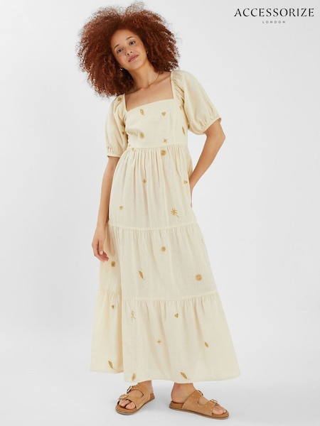 Accessorize Natural Embroidered Puff Sleeve Maxi Dress (W69213) | €77
