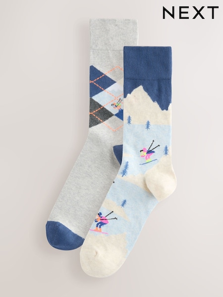 Grey/Blue Ski Scenic Pattern Socks 2 Pack (W69265) | R$ 75