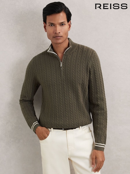 Kaki zelena - Reiss Tuscano Half-Zip Cable Knit Jumper With Wool (W69544) | € 158