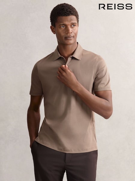 Reiss Taupe Brown Earl Cotton Short-Sleeve Polo Shirt (W69548) | AED490