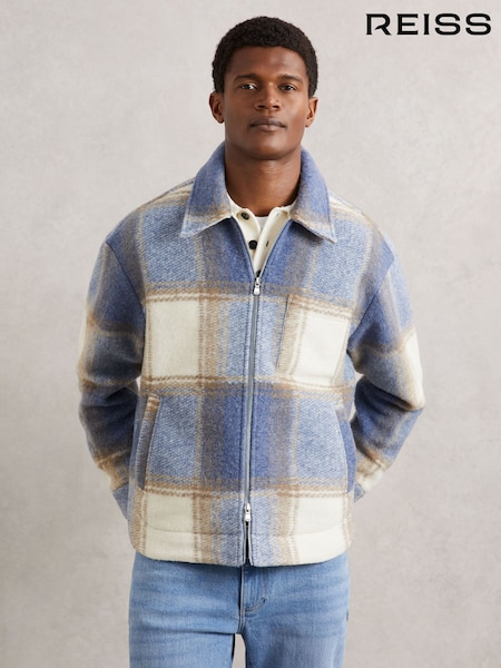 Reiss Stone/Blue Morton Zip-Through Check Overshirt (W69588) | AED1,210