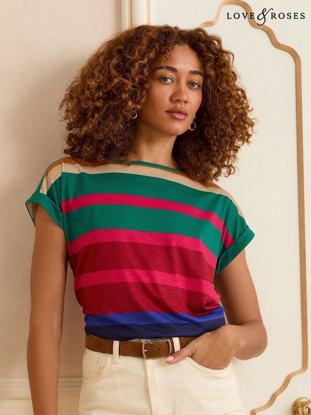 Love & Roses Multi Rainbow Stripe Crew Neck Jersey T-Shirt (W69602) | €31
