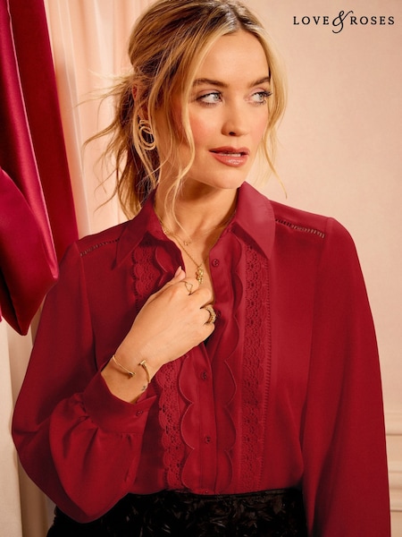 Love & Roses Red Petite Scallop Detail Long Sleeve Shirt (W69604) | €52