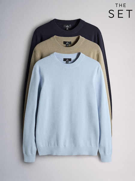 Albastru/Verde - The Set Fine Gauge Cotton Crew Neck Jumper (W69645) | 268 LEI