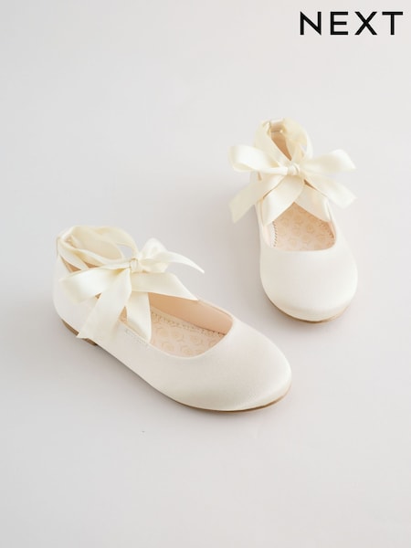 Ivory Satin Tie Ballerina Occasion Shoes (W69716) | AED112 - AED147