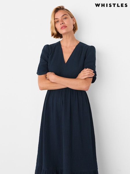 Whistles Blue Textured Cotton Midi Dress (W69738) | OMR77