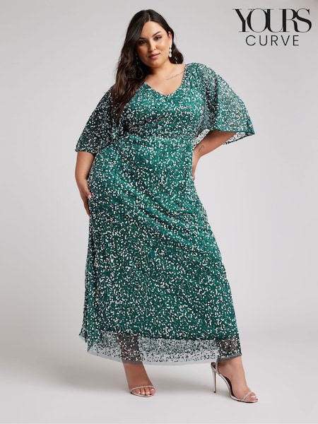 Зеленый - Yours Curve Luxe Embellished V-Neck Angel Sleeve Maxi Dress (W69791) | €179