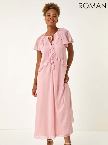 Roman Pink Metallic Dobby Frill Midi Dress (W69834) | 371 QAR