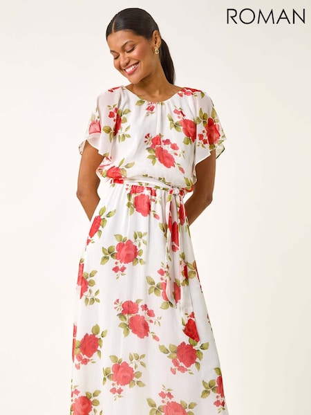 Roman White Chiffon Floral Print Split Sleeve Midi Dress (W69837) | €83