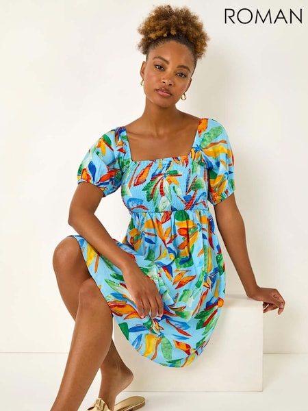 Roman Blue Leaf Print Shirred Short Dress (W69846) | R$ 605