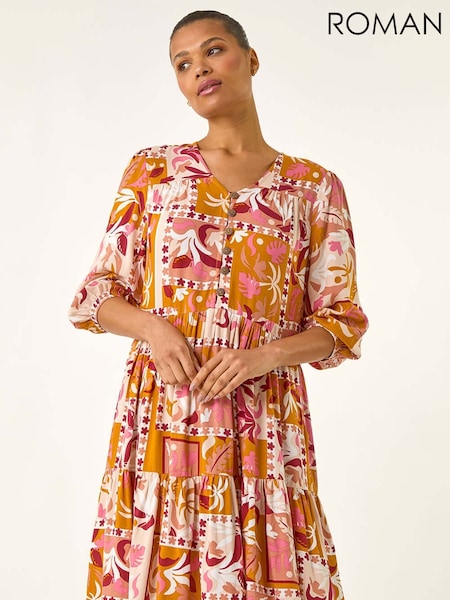 Roman Orange Patchwork Smock V-Neck Dress (W69850) | €60