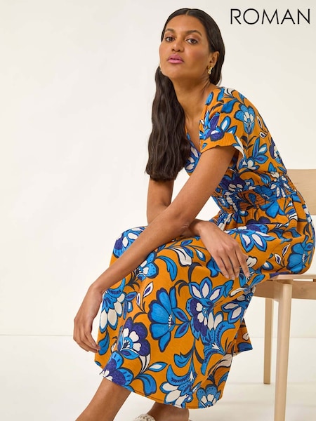 Roman Orange Floral Print Shirred Midi Dress (W69853) | €63