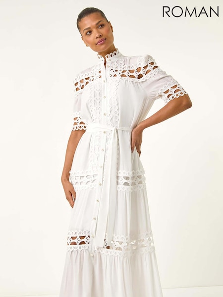 Roman White Lace Detail Belted Midi Dress (W69854) | €102