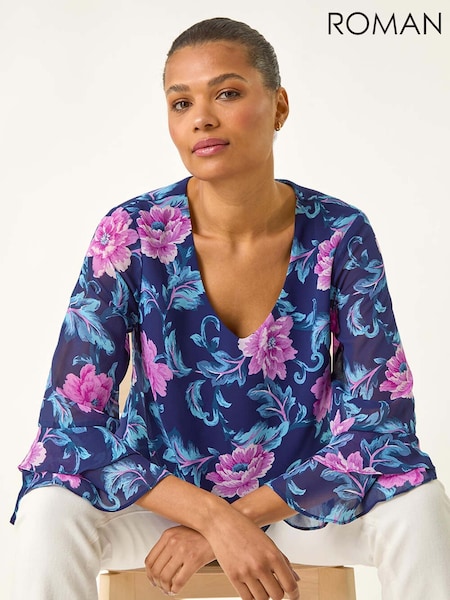 Roman Purple Floral Print Frill Sleeve Blouse (W69855) | €51