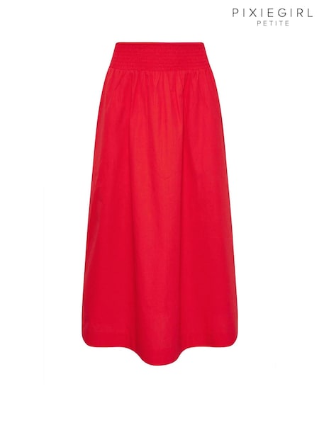 PixieGirl Petite Red Poplin Shirred Midi Skirt (W70147) | R$ 285