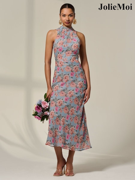 Jolie Moi Blue Chiffon Halterneck Printed Midaxi Dress (W70227) | €103