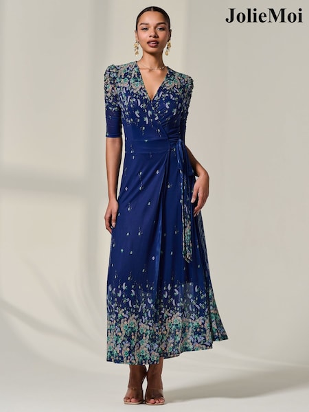 Jolie Moi Blue Mesh Sleeve Ruched Midi Dress (W70230) | R$ 590