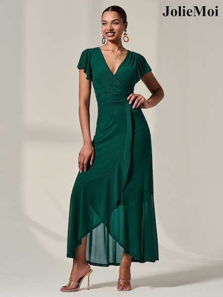 Jolie Moi Green Angel Sleeve Mesh Wrap Maxi Dress (W70231) | €77