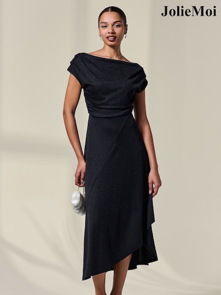 Jolie Moi Black Asymmetric Draped Midi Dress (W70232) | R$ 770