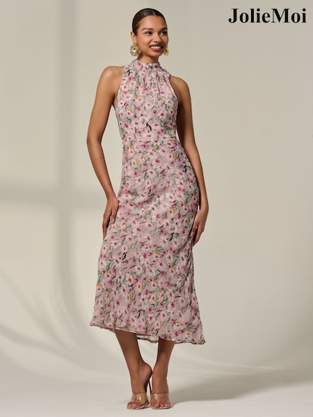 Jolie Moi Purple Chiffon Halterneck Printed Midaxi Dress (W70234) | €92