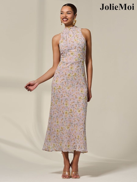 Jolie Moi Pink Sleeveless Chiffon Halterneck Midaxi Dress (W70235) | R$ 710