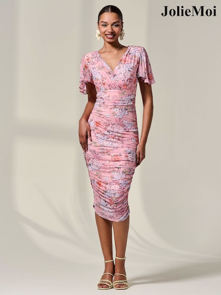 Jolie Moi Pink Mesh Sleeve Ruched Midi Dress (W70236) | 3,605 UAH