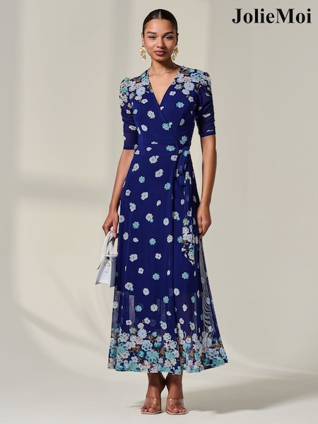 Jolie Moi Navy Blue Mesh Sleeve Ruched Midi Dress (W70237) | 3,605 UAH