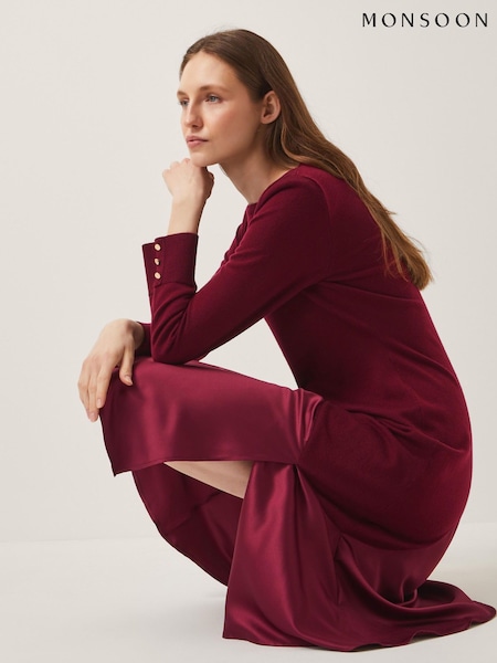 Monsoon Red Saz Asymmetrical Mix Satin Midi Dress (W70268) | €120