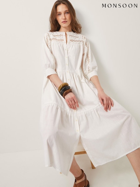 Monsoon Natural Tillie Cutwork Tiered Midi Dress (W70270) | €95