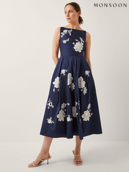 Monsoon Blue Sicily Embroidered Fit & Flare Midi Dress (W70271) | R$ 1.775