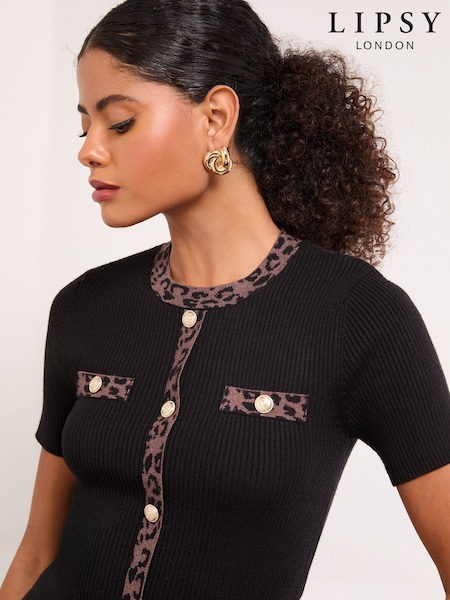 Lipsy Black Leopard Tipped Mock Button Short Sleeve Knitted Top (W70287) | AED210