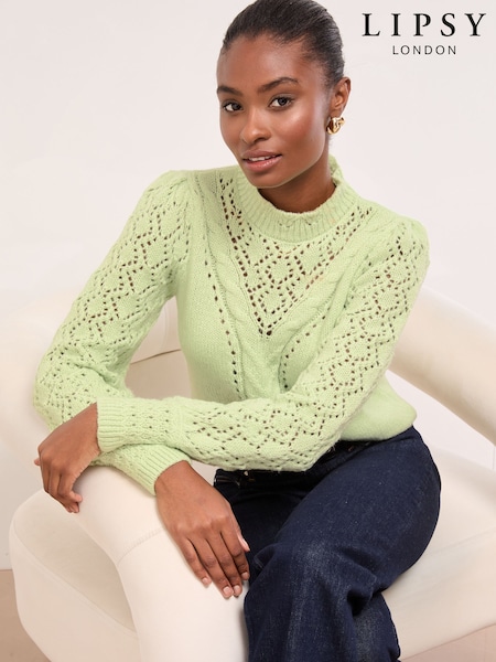 Lipsy Green Pointelle Detail Stitch High Neck Knitted Jumper (W70305) | €57