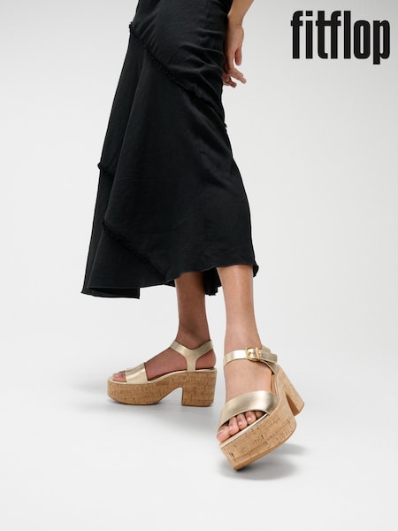 FitFlop Silver Platfforms Leather Cork Heeled Ankle Strap Sandals (W70491) | OMR69